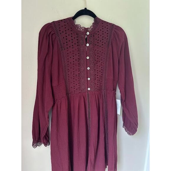Bohme Plum Mini Dress Lace Eyelet Prairie Cottagecore Medium Long Sleeve Raw Hem - Picture 2 of 11